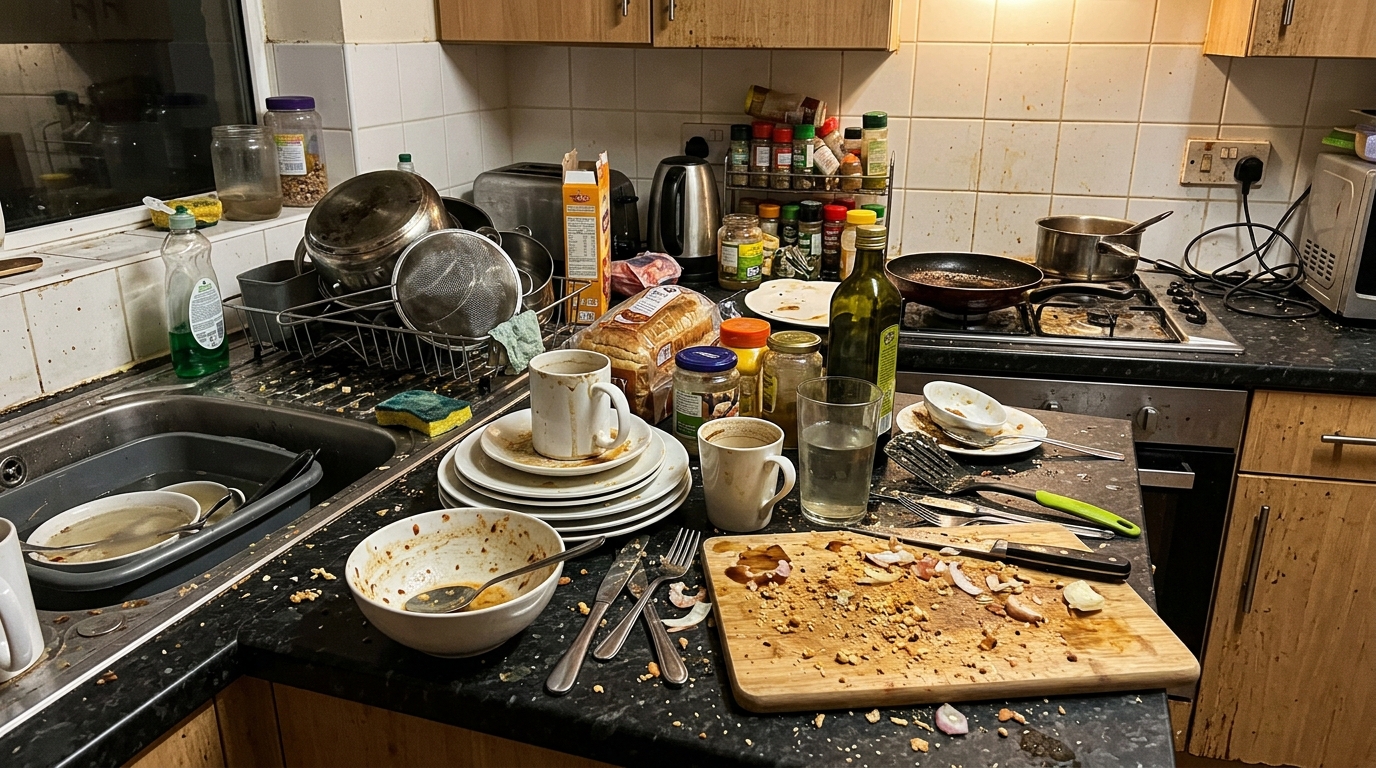 Messy kitchen before cleaning