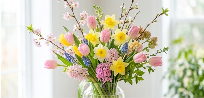 Spring flower arrangement with pastel tulips and daffodils
