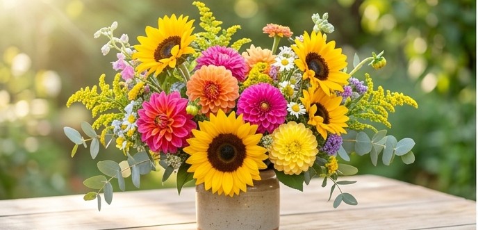 Vibrant summer bouquet with sunflowers and bright blooms