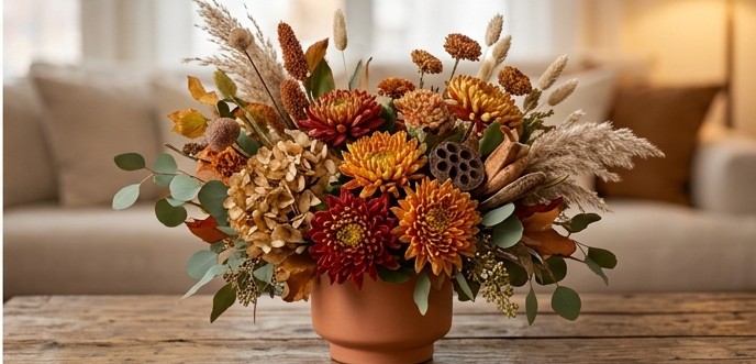 Autumn arrangement with warm orange and burgundy flowers