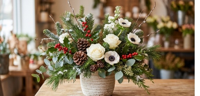 Elegant winter arrangement with white roses and evergreen accents