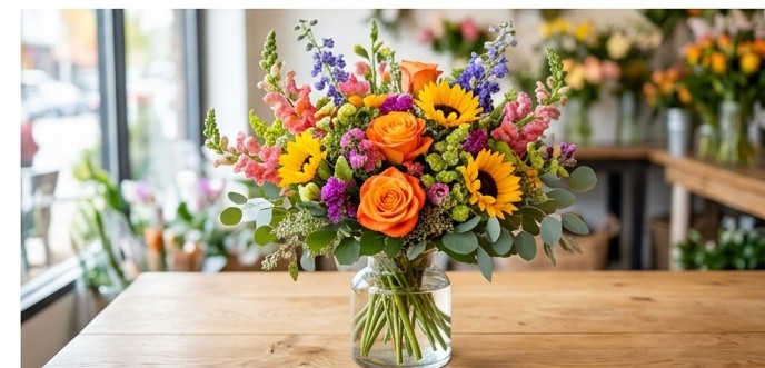 Vibrant garden roses in a glass vase