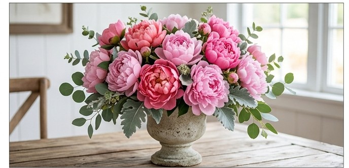 Peony arrangement in a ceramic vase