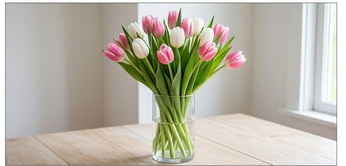 White tulip bouquet on marble surface