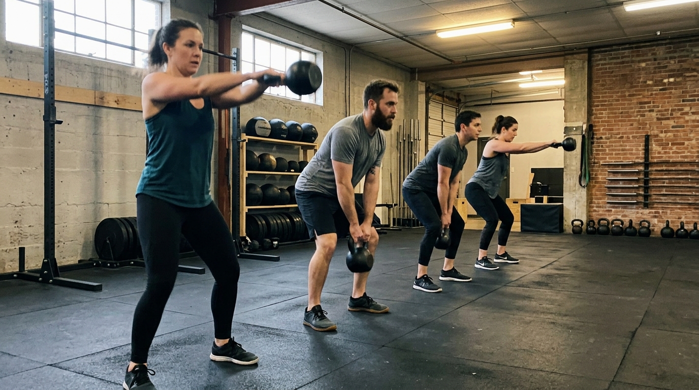 High intensity interval training class with kettlebells