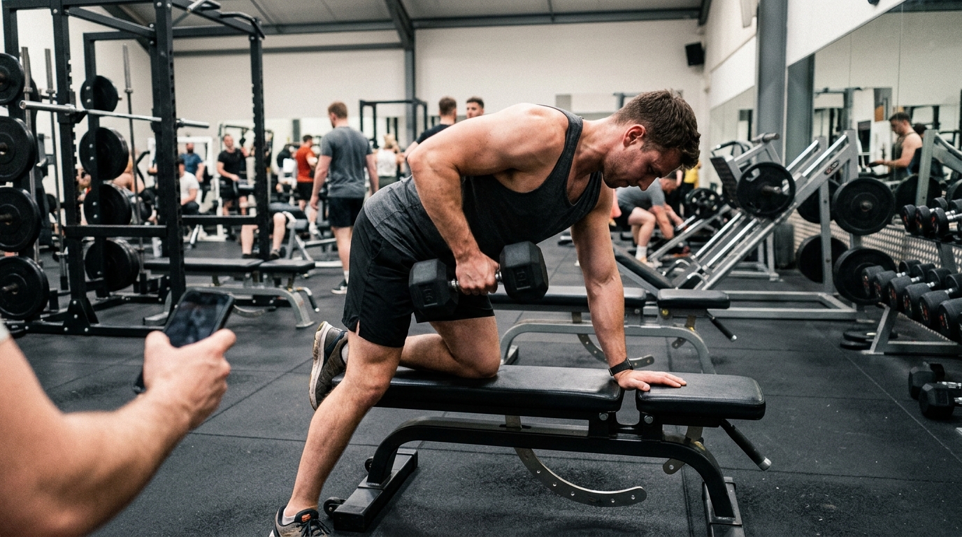 Athlete performing heavy barbell squat in gym