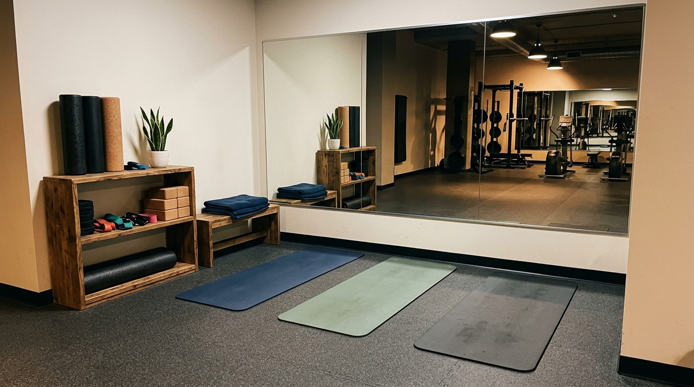 Yoga class performing warrior pose in studio