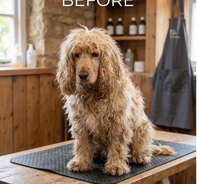 Shaggy unkempt dog before grooming session