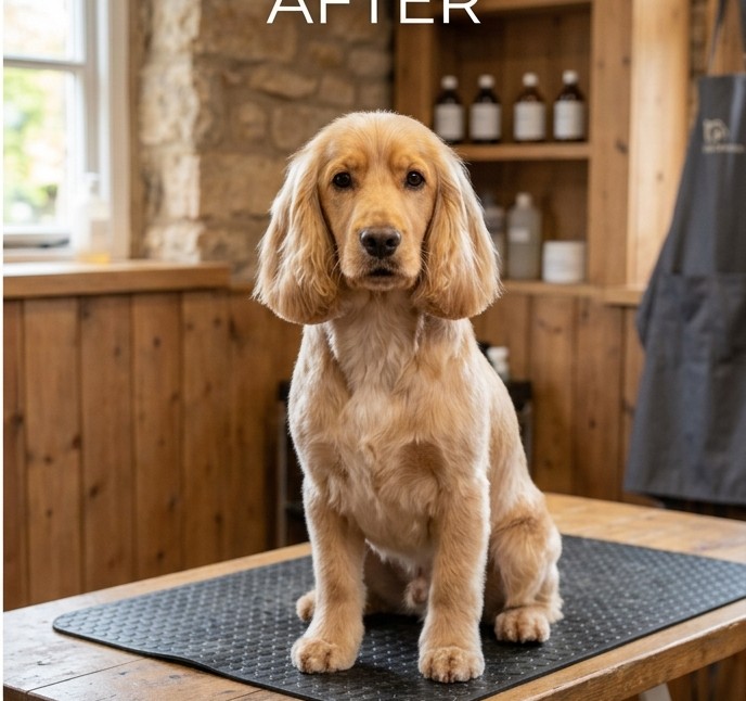 Clean freshly groomed golden retriever after grooming session