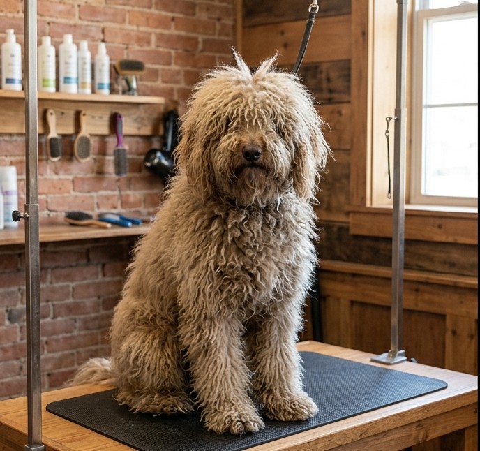 Fluffy unkempt poodle before grooming