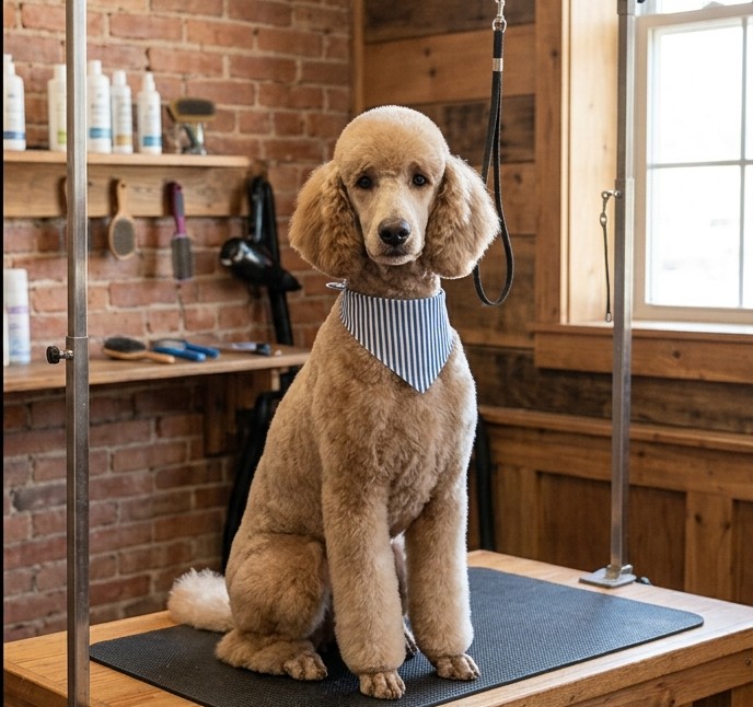 Beautifully groomed poodle with neat trim