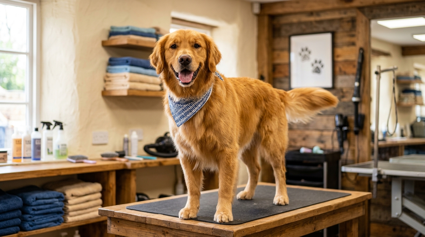 Happy golden retriever with freshly groomed fur, smiling at the camera