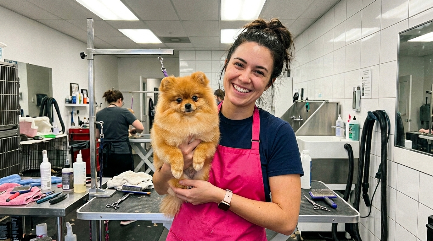 Rachel, lead groomer at Paws and Suds, smiling portrait