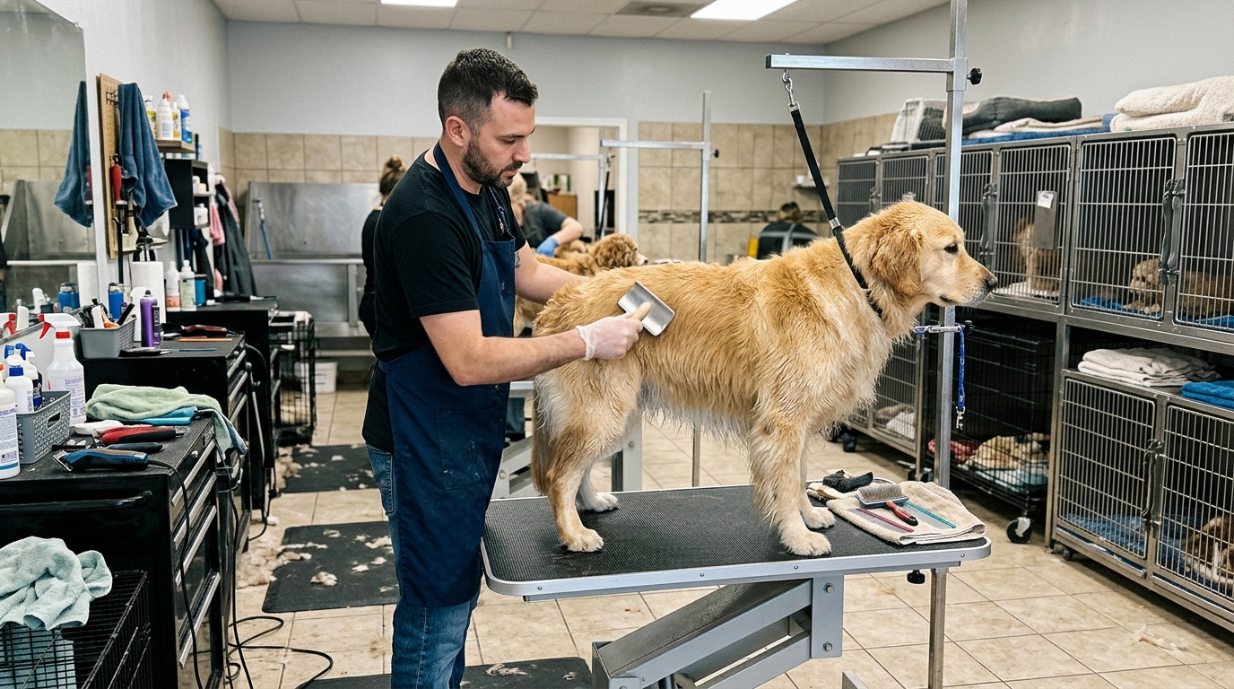 Marcus, senior groomer at Paws and Suds, smiling portrait