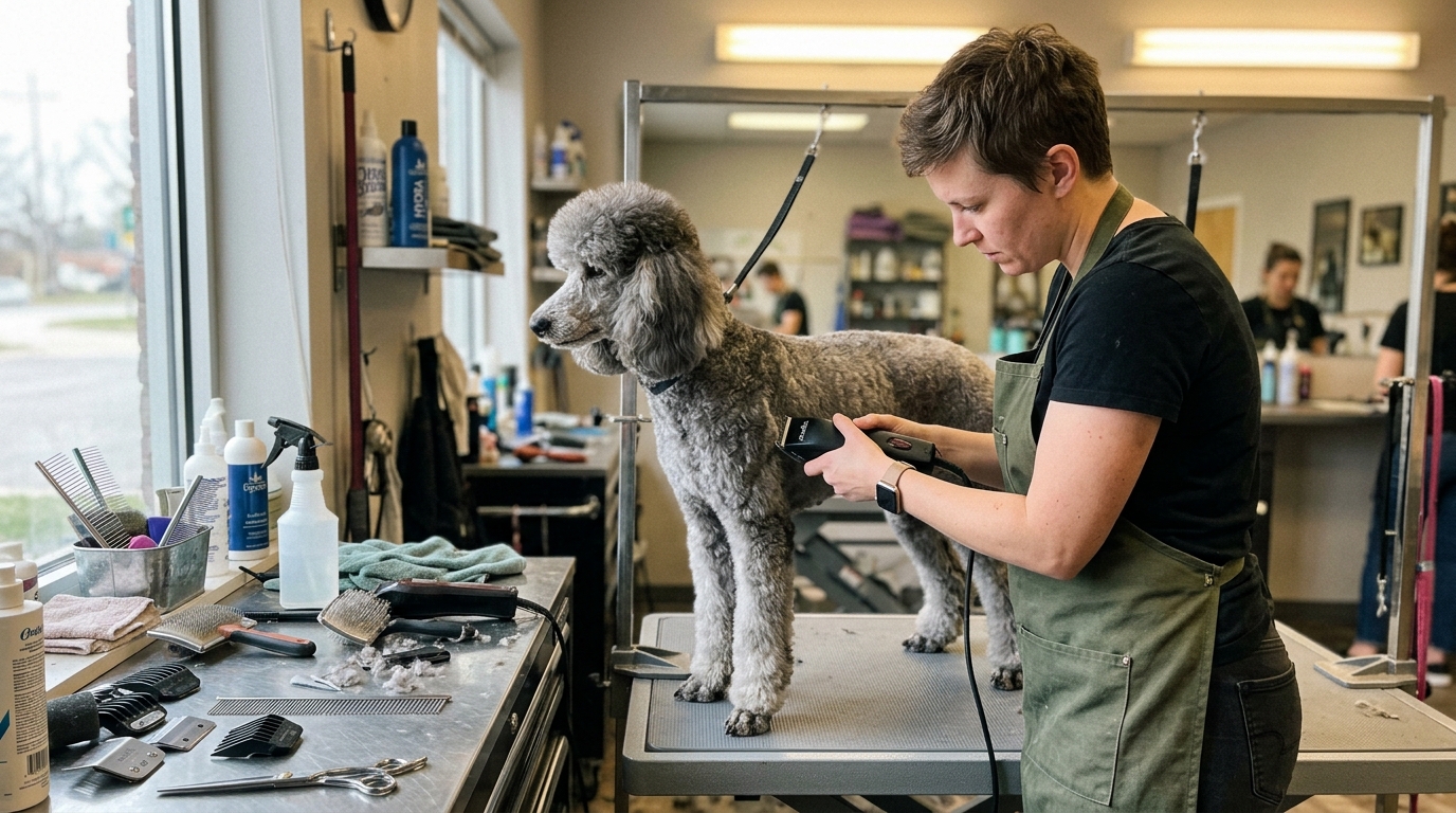 Emma, junior groomer at Paws and Suds, smiling portrait