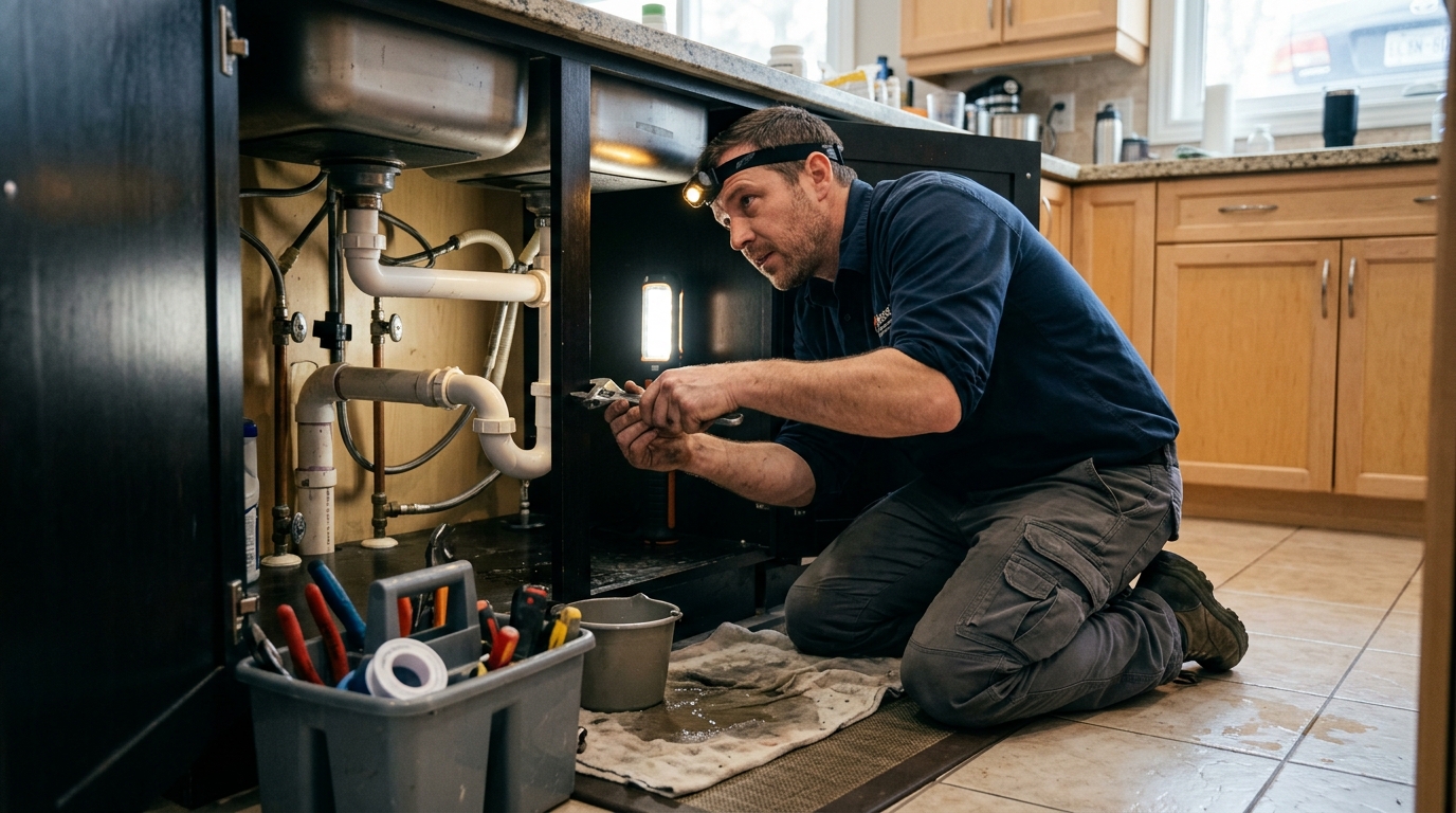 Plumber working under a sink with professional tools