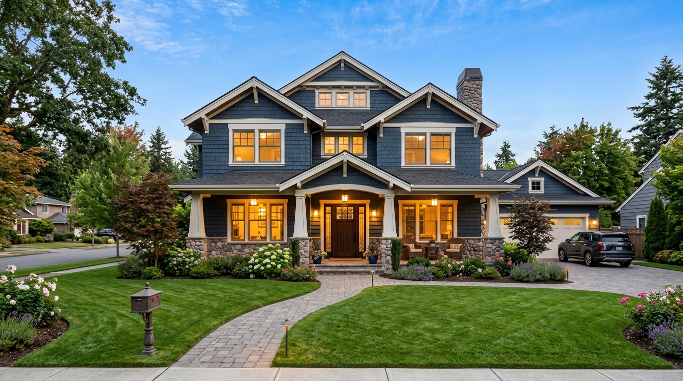 Modern two-story home with landscaped front yard