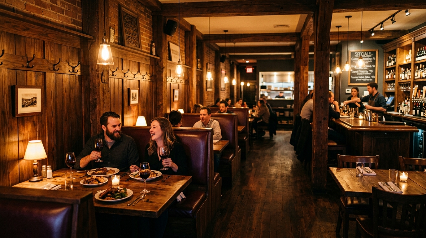 Warm restaurant interior with wooden tables and soft lighting