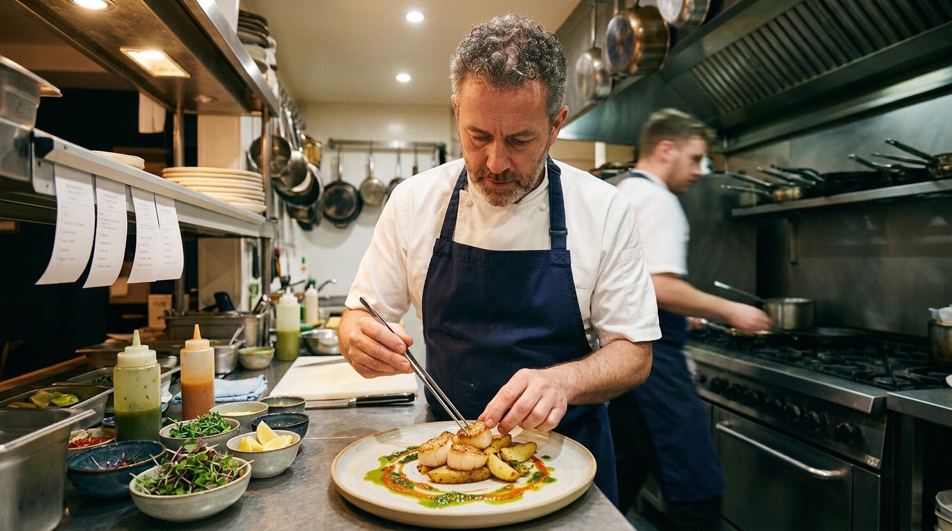 Chef preparing food in a warm, busy restaurant kitchen
