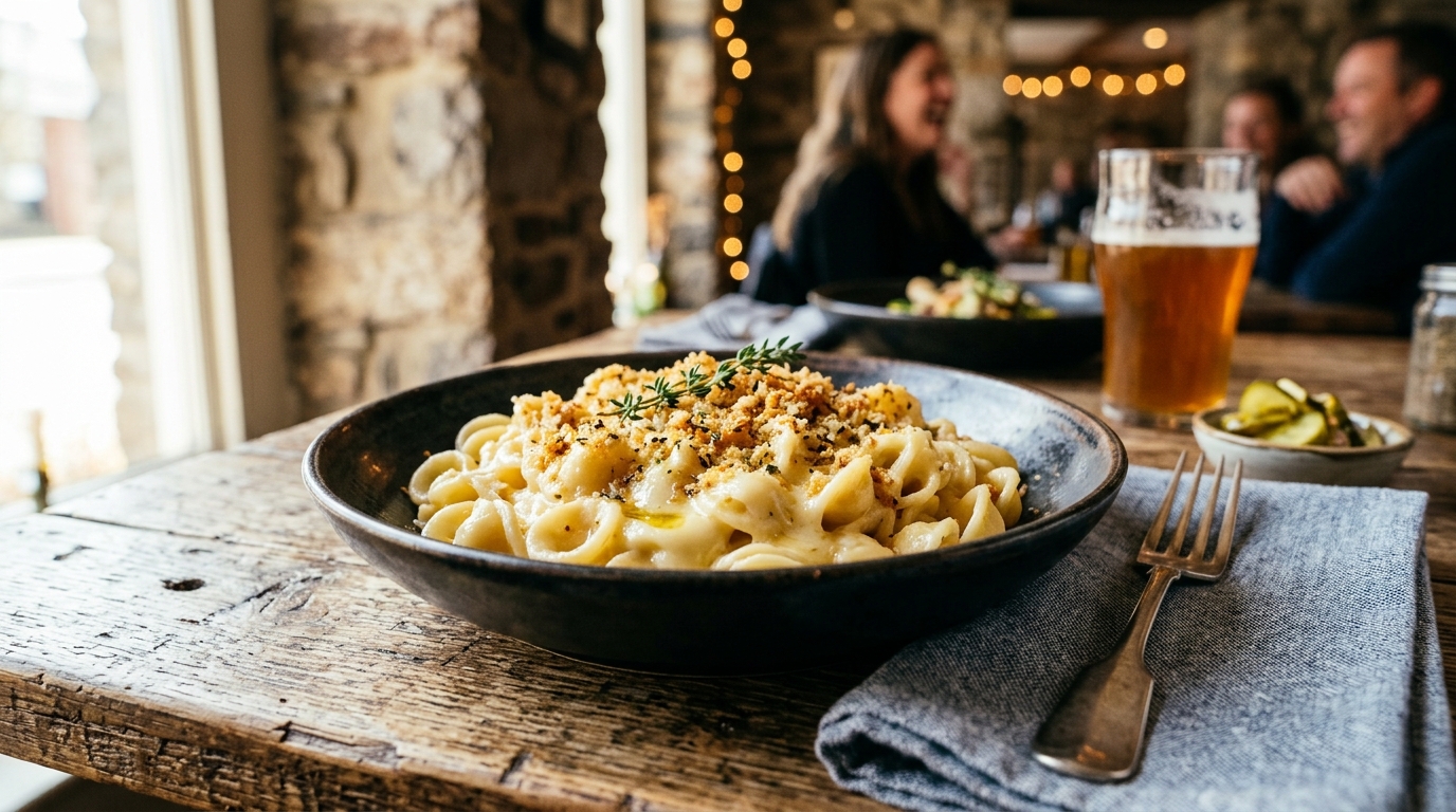 Beautifully plated Southern comfort food on a rustic wooden table